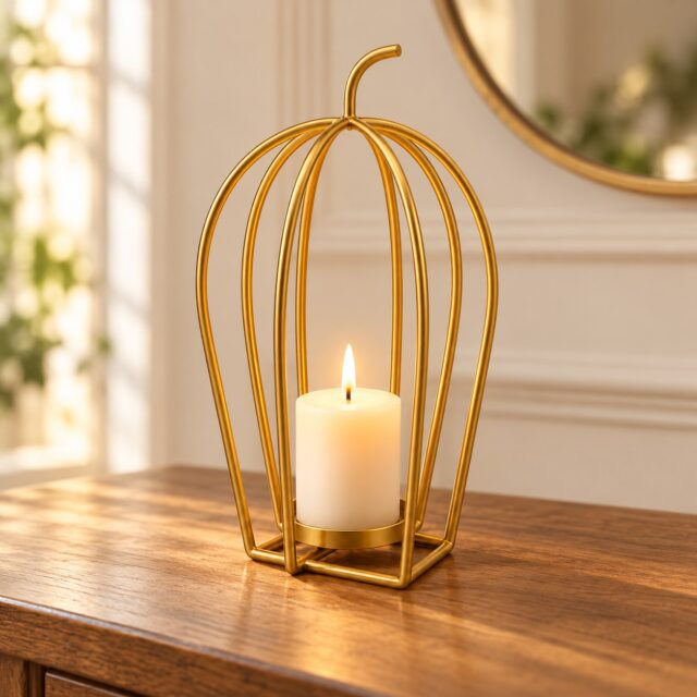Calabaza porta velas de metal dorado de 28 cm con diseño moderno calado y metal sólido, ideal como centro de mesa y para decorar sala de estar, cocina y comedor con un toque elegante, foto 1 de 4