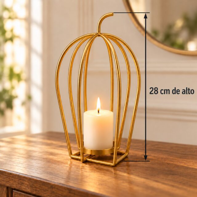 Calabaza porta velas de metal dorado de 28 cm con diseño moderno calado y metal sólido, ideal como centro de mesa y para decorar sala de estar, cocina y comedor con un toque elegante, foto 3 de 4