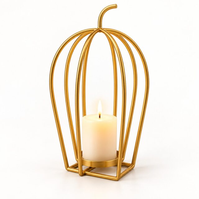 Calabaza porta velas de metal dorado de 28 cm con diseño moderno calado y metal sólido, ideal como centro de mesa y para decorar sala de estar, cocina y comedor con un toque elegante, foto 4 de 4