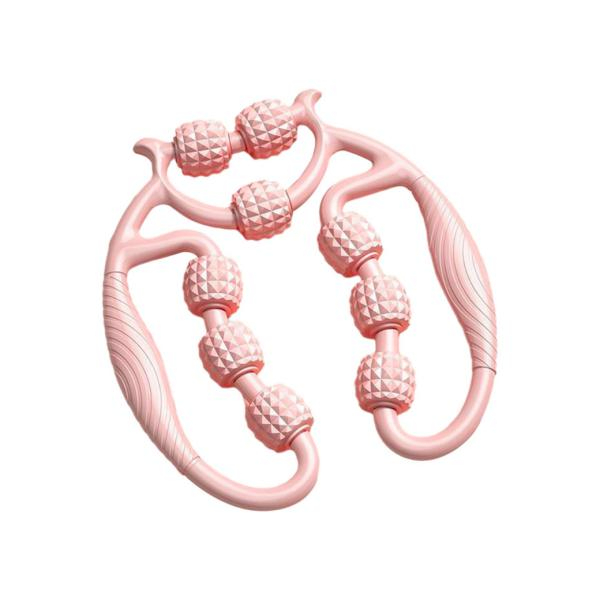 Masajeador corporal de plástico rosado con varios rodillos texturizados y dos asas de agarre, de 20 cm de largo x 22 cm de ancho, para masaje muscular en piernas, espalda y brazos