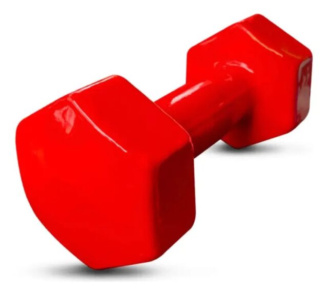 Mancuerna de gimnasio de 2 kg recubierta de vinilo con cabeza hexagonal y mango central, para entrenamiento de fuerza en casa, gimnasio o clases de ejercicio, en colores vivos, foto 2 de 3