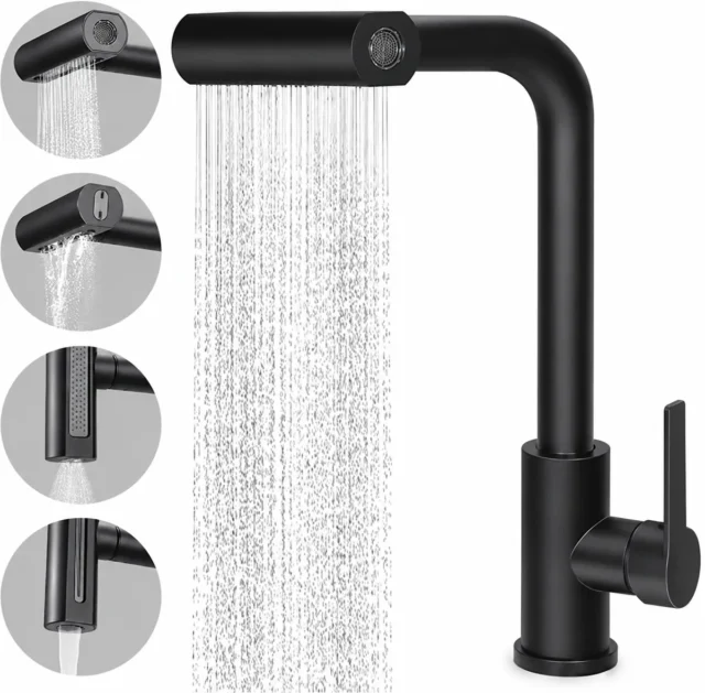 Grifo de cocina con 4 modos de salida, núcleo cerámico, rotación 360°, mangueras de agua caliente y fría de 65 cm, ideal para fregaderos simples o dobles, foto 1 de 5