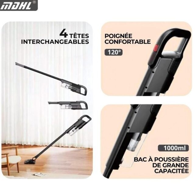 Aspiradora inalámbrica de mano Mdhl de 120 W con mopa integrada para fregado húmedo, batería de 8800 mAh para uso prolongado, ligera y compacta, ideal para suelos, alfombras, muebles, oficina y coche, foto 5 de 7