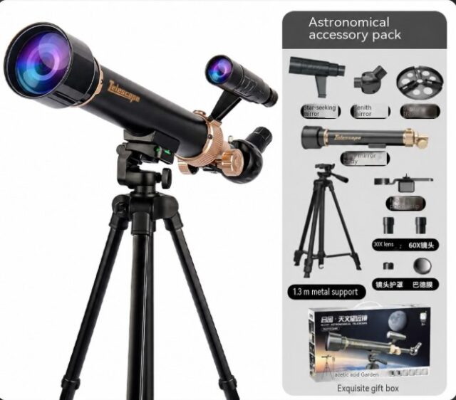 Telescopio astronómico de aleación metálica con trípode de metal de 1.3 metros, buscador, espejo diagonal, soporte para celular y oculares de 30X y 60X, para observar la luna, nebulosas y paisajes, foto 1 de 7