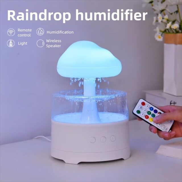 Humidificador de nube con sonido de lluvia, 7 modos de luz LED RGB, parlante Bluetooth y difusor de aceites esenciales, con tanque para 8 a 10 días de funcionamiento y diseño moderno para hogar, foto 1 de 5