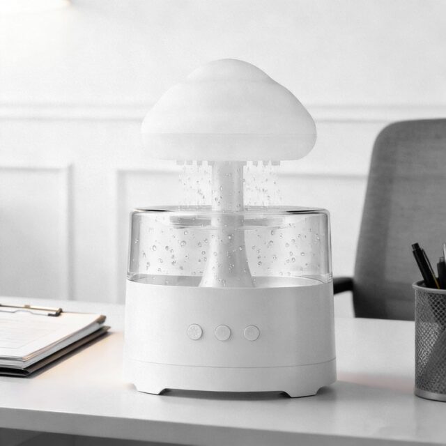 Humidificador de nube con sonido de lluvia, 7 modos de luz LED RGB, parlante Bluetooth y difusor de aceites esenciales, con tanque para 8 a 10 días de funcionamiento y diseño moderno para hogar, foto 2 de 5