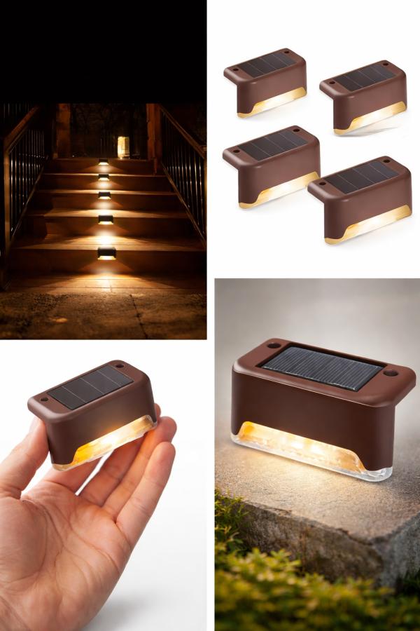 Paquete de 4 luces solares para escalones con carcasa marrón, panel solar y luz cálida automática al anochecer, resistentes para uso exterior, de montaje en pared o superficie plana para escaleras, foto 1 de 6