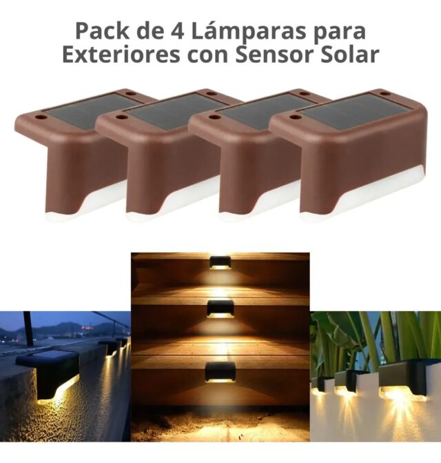 Paquete de 4 luces solares para escalones con carcasa marrón, panel solar y luz cálida automática al anochecer, resistentes para uso exterior, de montaje en pared o superficie plana para escaleras, foto 5 de 6