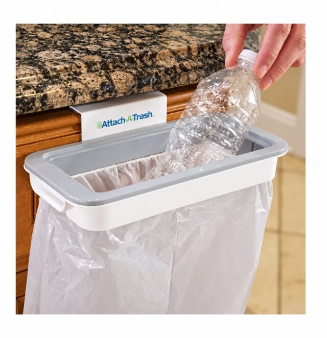 Soporte de basura para cajón o gabinete con tapa, reutiliza bolsas plásticas de supermercado, sin tornillos ni instalación, se engancha a cualquier mueble para cocina, baño y garaje, foto 1 de 4