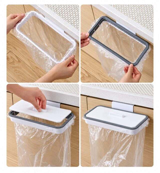 Soporte de basura para cajón o gabinete con tapa, reutiliza bolsas plásticas de supermercado, sin tornillos ni instalación, se engancha a cualquier mueble para cocina, baño y garaje, foto 3 de 4