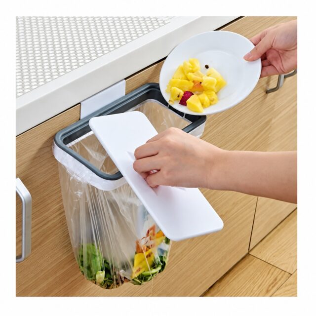 Soporte de basura para cajón o gabinete con tapa, reutiliza bolsas plásticas de supermercado, sin tornillos ni instalación, se engancha a cualquier mueble para cocina, baño y garaje, foto 4 de 4