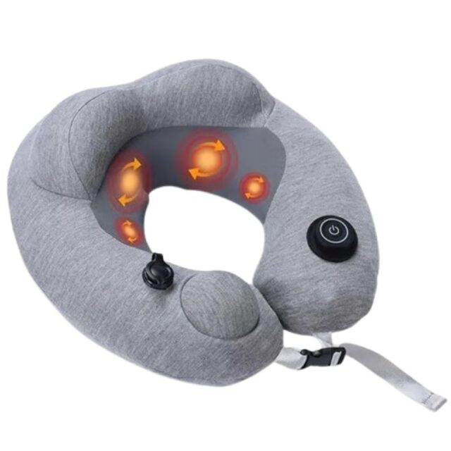 Almohada de masaje para cuello inflable con función de calor, batería integrada de 1800 mAh, válvula personalizada y bloqueo de cordón ajustable para soporte seguro y cómodo del cuello, foto 1 de 7