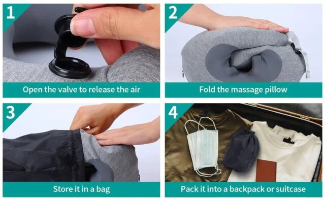 Almohada de masaje para cuello inflable con función de calor, batería integrada de 1800 mAh, válvula personalizada y bloqueo de cordón ajustable para soporte seguro y cómodo del cuello, foto 6 de 7