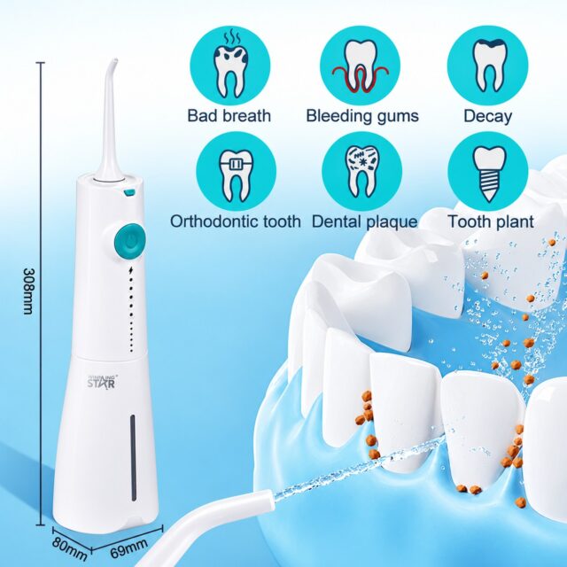 Irrigador bucal inalámbrico y portátil con depósito de 300 ml, carga USB-C y cinco modos de presión (suave, normal, fuerte, pulso y masaje) para limpiar encías, ortodoncia y espacios entre dientes, foto 2 de 4