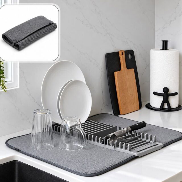 Escurridor de platos de plástico con capacidad para 10 platos, diseño compacto de un nivel, secavasos integrado y medidas de 38 x 30 x 6 cm, para secar y ordenar trastes en cualquier cocina, foto 1 de 4