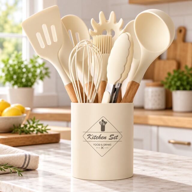 Utensilios de cocina de silicona crema con mangos de madera, set de 12 piezas que incluyen espátula, cucharón, cuchara ranurada, pinzas, batidor, brocha, separador de huevos y soporte organizador, foto 1 de 4