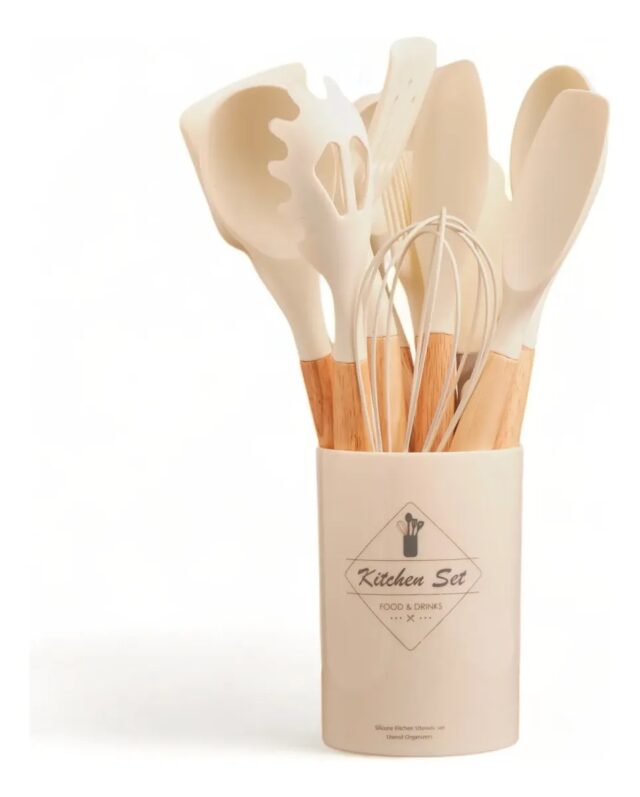 Utensilios de cocina de silicona crema con mangos de madera, set de 12 piezas que incluyen espátula, cucharón, cuchara ranurada, pinzas, batidor, brocha, separador de huevos y soporte organizador, foto 2 de 4