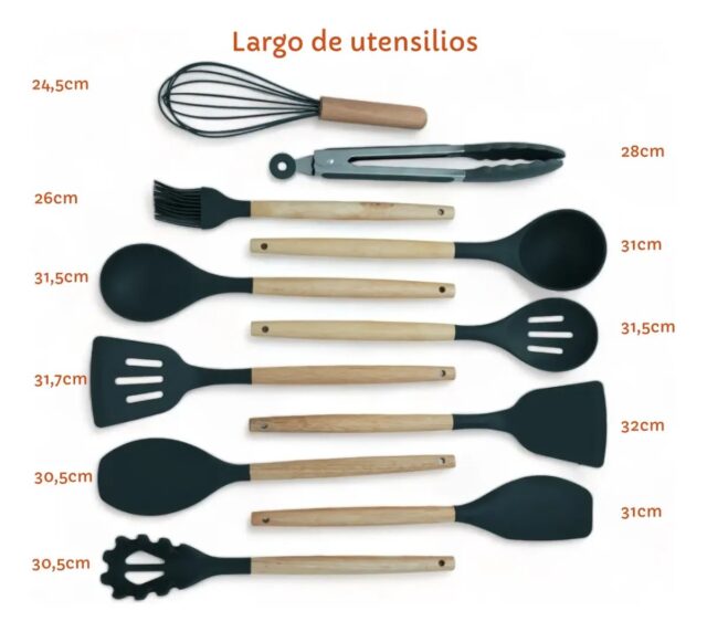 Utensilios de cocina de silicona crema con mangos de madera, set de 12 piezas que incluyen espátula, cucharón, cuchara ranurada, pinzas, batidor, brocha, separador de huevos y soporte organizador, foto 3 de 4