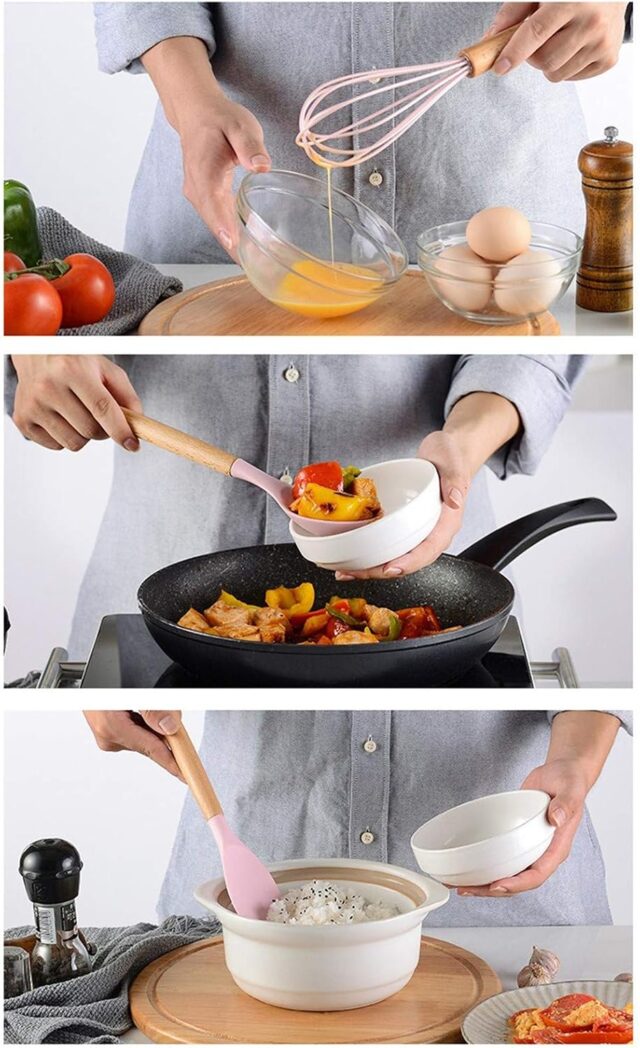 Set de utensilios de cocina de silicona de 12 piezas color rosado con mangos ergonómicos de madera y orificio para colgar, resistentes al calor, aptos para lavavajillas, para cocinar y barbacoa, foto 4 de 5