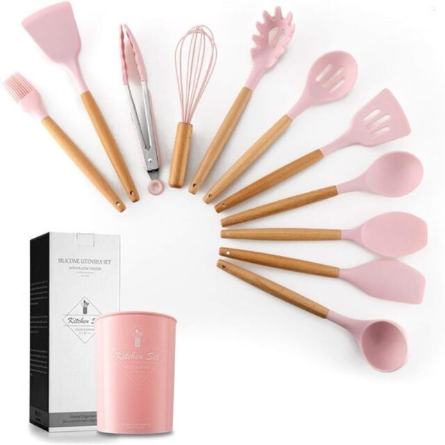Set de utensilios de cocina de silicona de 12 piezas color rosado con mangos ergonómicos de madera y orificio para colgar, resistentes al calor, aptos para lavavajillas, para cocinar y barbacoa, foto 5 de 5