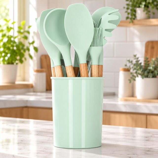 Set de 12 utensilios de cocina de silicona resistente al calor con mangos de madera de bambú, incluye recipiente para almacenamiento ordenado, color verde claro, protege sartenes y ollas de arañazos, foto 1 de 5