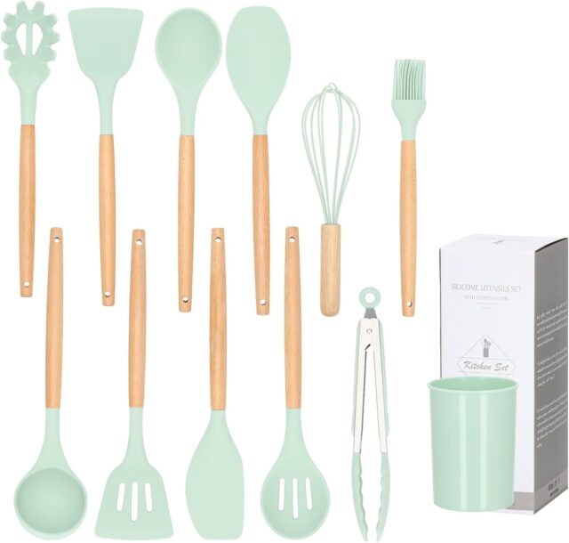 Set de 12 utensilios de cocina de silicona resistente al calor con mangos de madera de bambú, incluye recipiente para almacenamiento ordenado, color verde claro, protege sartenes y ollas de arañazos, foto 2 de 5