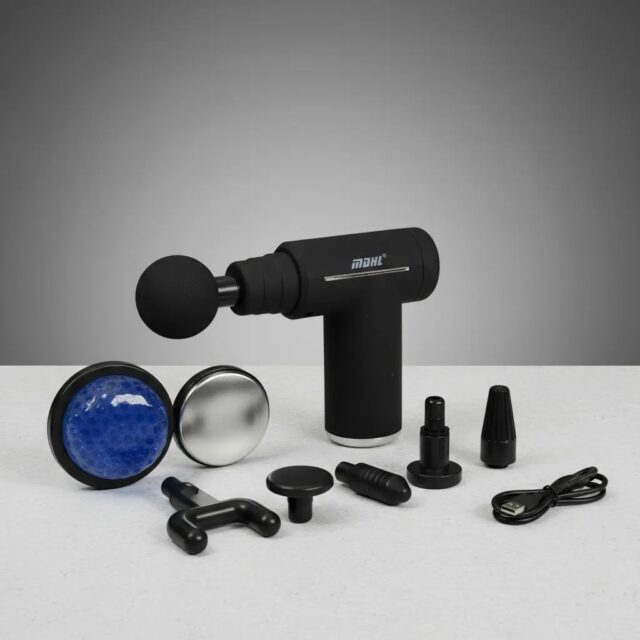Pistola de masaje negra modelo 8127 con 6 cabezales intercambiables, velocidades ajustables, funcionamiento silencioso y batería recargable USB, para aliviar tensiones en espalda, piernas y cuello, foto 1 de 6