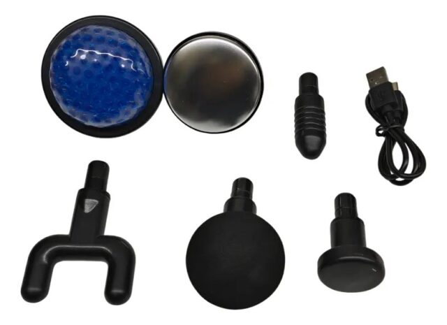 Pistola de masaje negra modelo 8127 con 6 cabezales intercambiables, velocidades ajustables, funcionamiento silencioso y batería recargable USB, para aliviar tensiones en espalda, piernas y cuello, foto 2 de 6