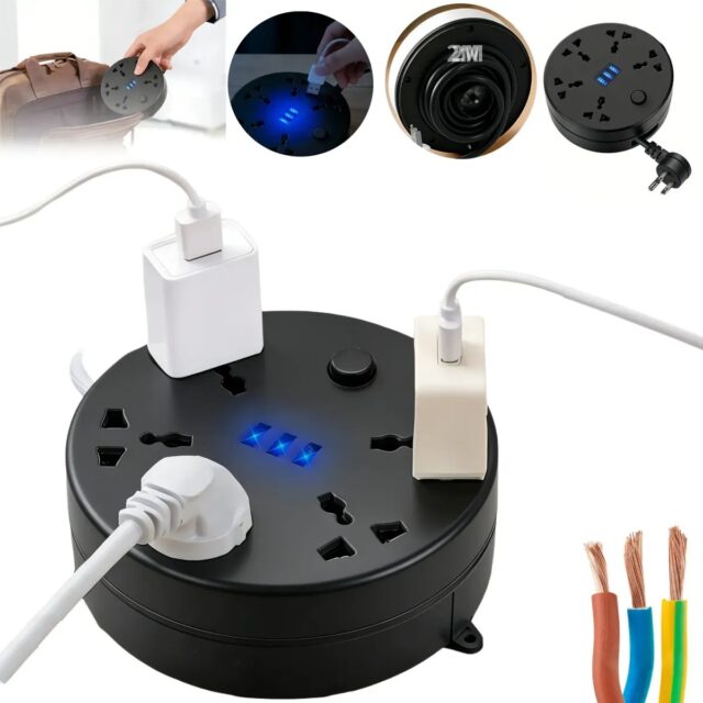 Regleta circular negra con multicontacto y puertos USB, cable retráctil de 2 m con protección contra sobrecarga, voltaje 127 V y frecuencia 50/60 Hz, modelo C9 para conectar y cargar varios aparatos, foto 1 de 9