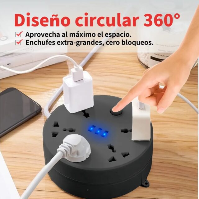 Regleta circular negra con multicontacto y puertos USB, cable retráctil de 2 m con protección contra sobrecarga, voltaje 127 V y frecuencia 50/60 Hz, modelo C9 para conectar y cargar varios aparatos, foto 2 de 9