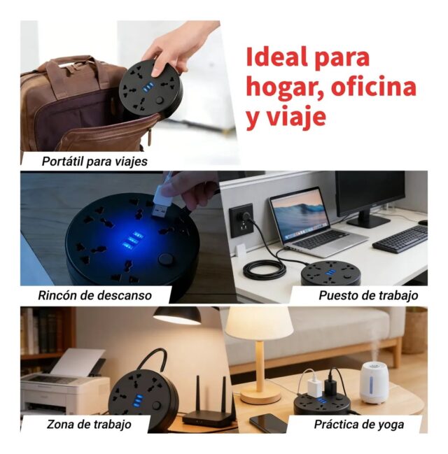 Regleta circular negra con multicontacto y puertos USB, cable retráctil de 2 m con protección contra sobrecarga, voltaje 127 V y frecuencia 50/60 Hz, modelo C9 para conectar y cargar varios aparatos, foto 3 de 9