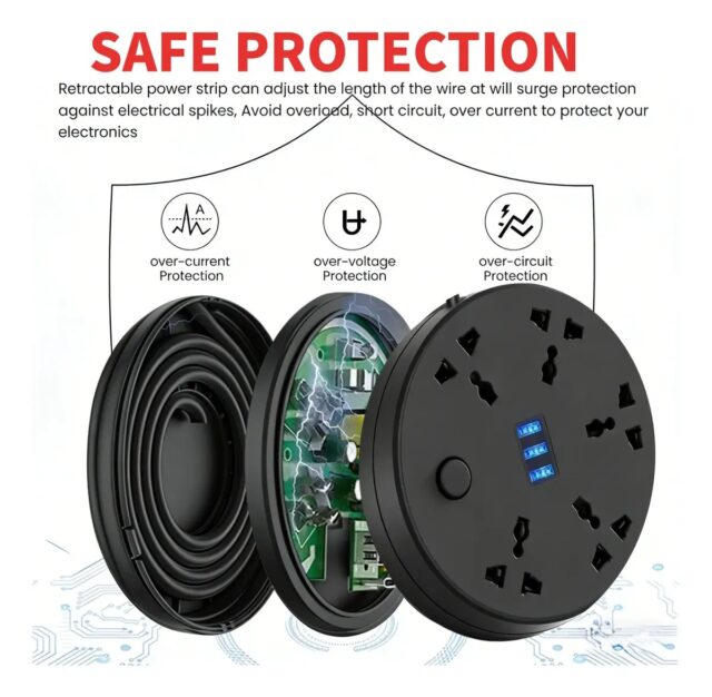 Regleta circular negra con multicontacto y puertos USB, cable retráctil de 2 m con protección contra sobrecarga, voltaje 127 V y frecuencia 50/60 Hz, modelo C9 para conectar y cargar varios aparatos, foto 4 de 9