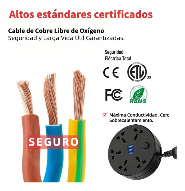 Regleta circular negra con multicontacto y puertos USB, cable retráctil de 2 m con protección contra sobrecarga, voltaje 127 V y frecuencia 50/60 Hz, modelo C9 para conectar y cargar varios aparatos, foto 5 de 9