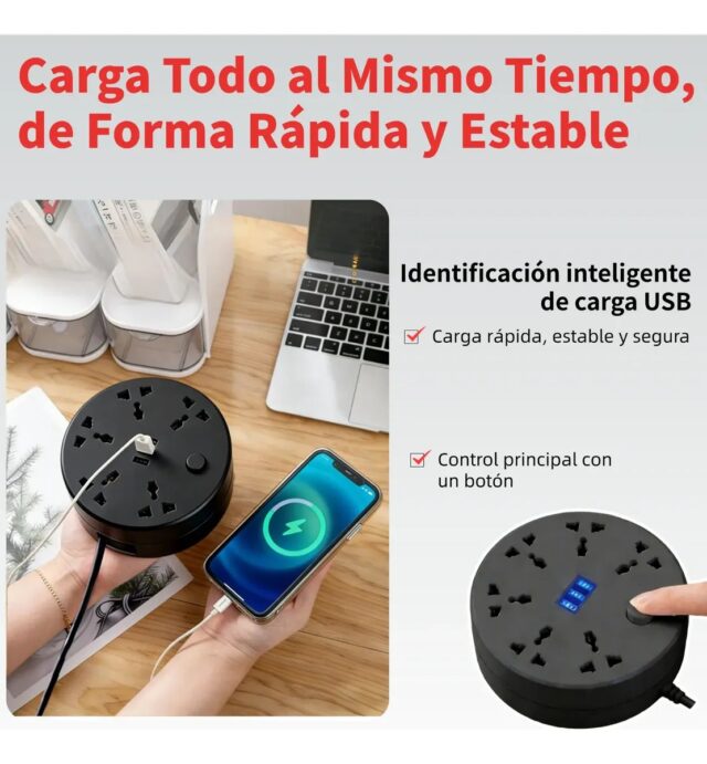 Regleta circular negra con multicontacto y puertos USB, cable retráctil de 2 m con protección contra sobrecarga, voltaje 127 V y frecuencia 50/60 Hz, modelo C9 para conectar y cargar varios aparatos, foto 6 de 9