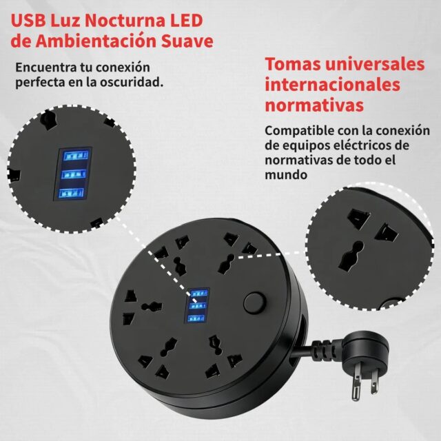 Regleta circular negra con multicontacto y puertos USB, cable retráctil de 2 m con protección contra sobrecarga, voltaje 127 V y frecuencia 50/60 Hz, modelo C9 para conectar y cargar varios aparatos, foto 7 de 9