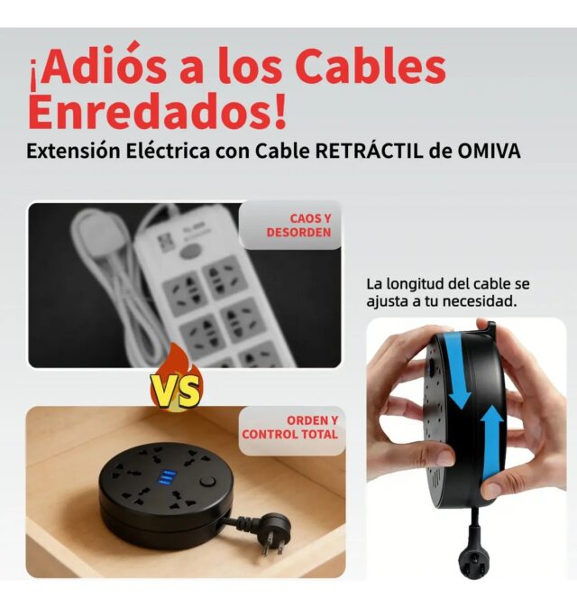 Regleta circular negra con multicontacto y puertos USB, cable retráctil de 2 m con protección contra sobrecarga, voltaje 127 V y frecuencia 50/60 Hz, modelo C9 para conectar y cargar varios aparatos, foto 8 de 9
