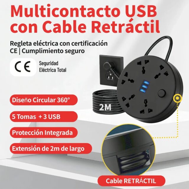 Regleta circular negra con multicontacto y puertos USB, cable retráctil de 2 m con protección contra sobrecarga, voltaje 127 V y frecuencia 50/60 Hz, modelo C9 para conectar y cargar varios aparatos, foto 9 de 9