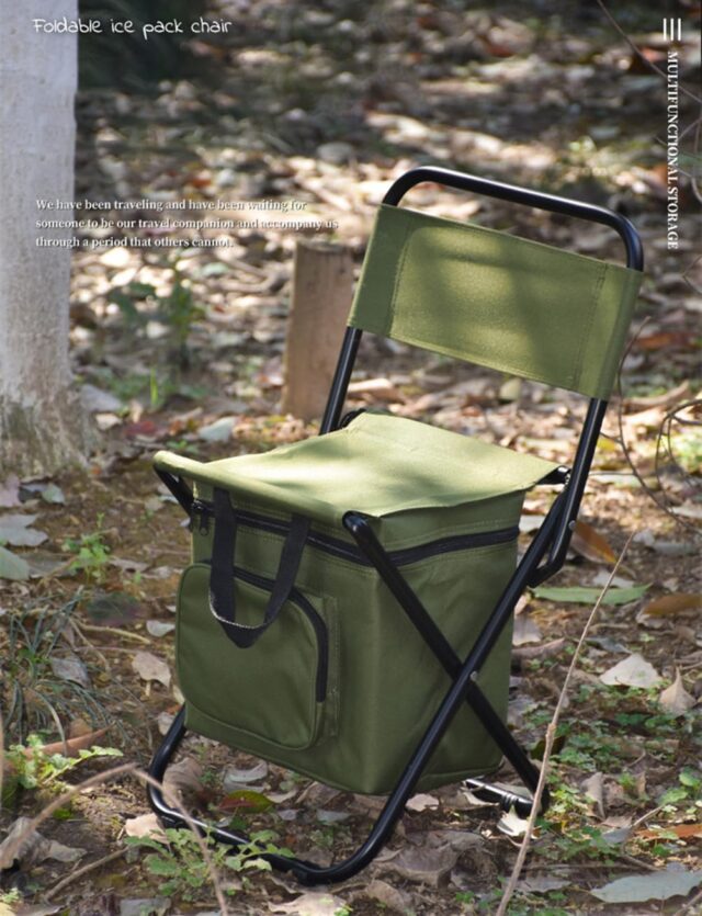 Silla plegable de camping en verde con estructura de acero para 200 kg, tela Oxford 600D impermeable, varios bolsillos y bolsa aislante para alimentos, ideal para playa, pesca y estadio, foto 1 de 6