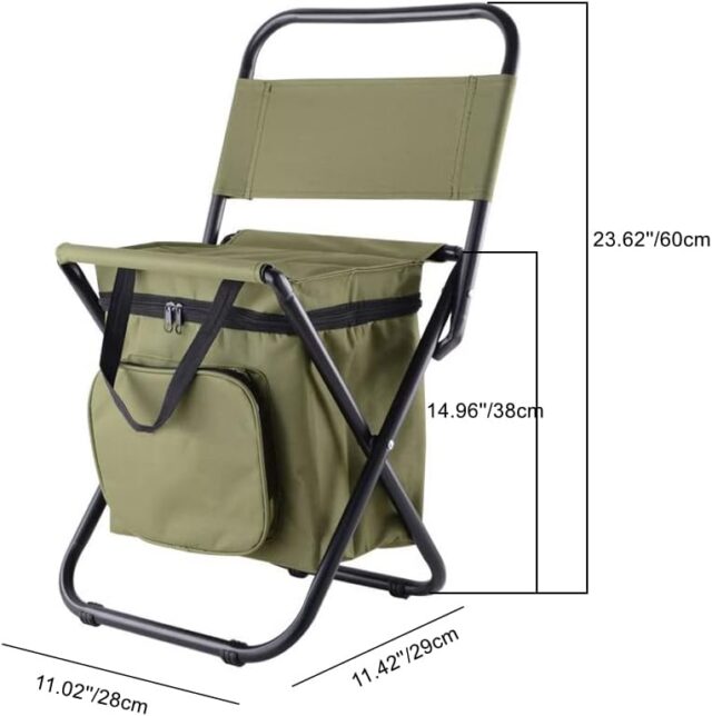 Silla plegable de camping en verde con estructura de acero para 200 kg, tela Oxford 600D impermeable, varios bolsillos y bolsa aislante para alimentos, ideal para playa, pesca y estadio, foto 2 de 6