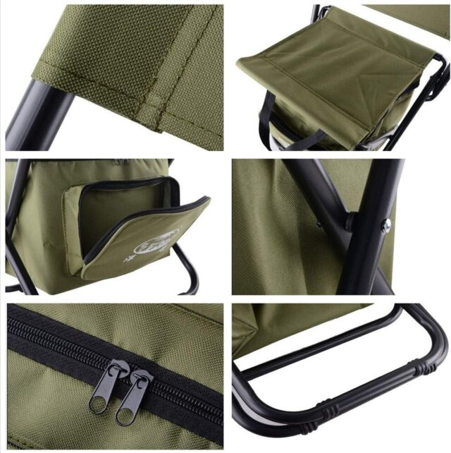 Silla plegable de camping en verde con estructura de acero para 200 kg, tela Oxford 600D impermeable, varios bolsillos y bolsa aislante para alimentos, ideal para playa, pesca y estadio, foto 4 de 6