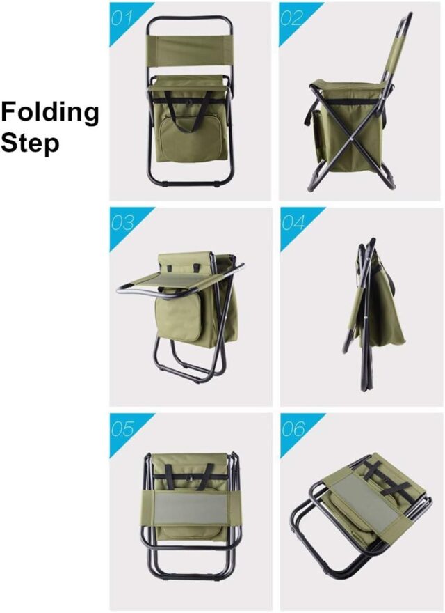 Silla plegable de camping en verde con estructura de acero para 200 kg, tela Oxford 600D impermeable, varios bolsillos y bolsa aislante para alimentos, ideal para playa, pesca y estadio, foto 5 de 6