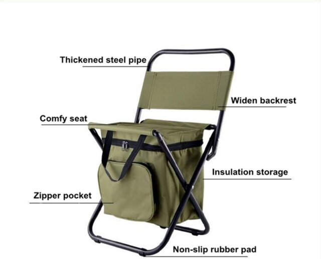 Silla plegable de camping en verde con estructura de acero para 200 kg, tela Oxford 600D impermeable, varios bolsillos y bolsa aislante para alimentos, ideal para playa, pesca y estadio, foto 6 de 6
