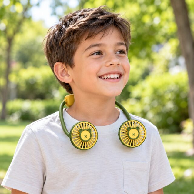 Ventilador personal con diseño de oso en verde y amarillo, aire fresco para días calurosos, ideal para colegio, casa u oficina, accesorio práctico y original para regalo de color vivo, foto 1 de 4