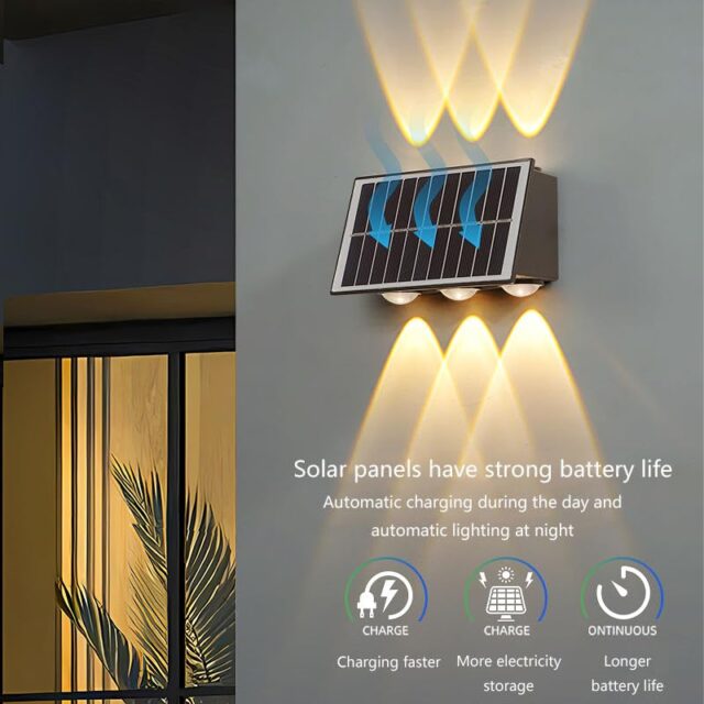Lámpara solar de pared para exteriores negra con luz RGB y amarillo cálido 3000 K, doble haz hacia arriba y abajo, panel solar con encendido automático al anochecer, carcasa IP65 para lluvia y viento, foto 3 de 8