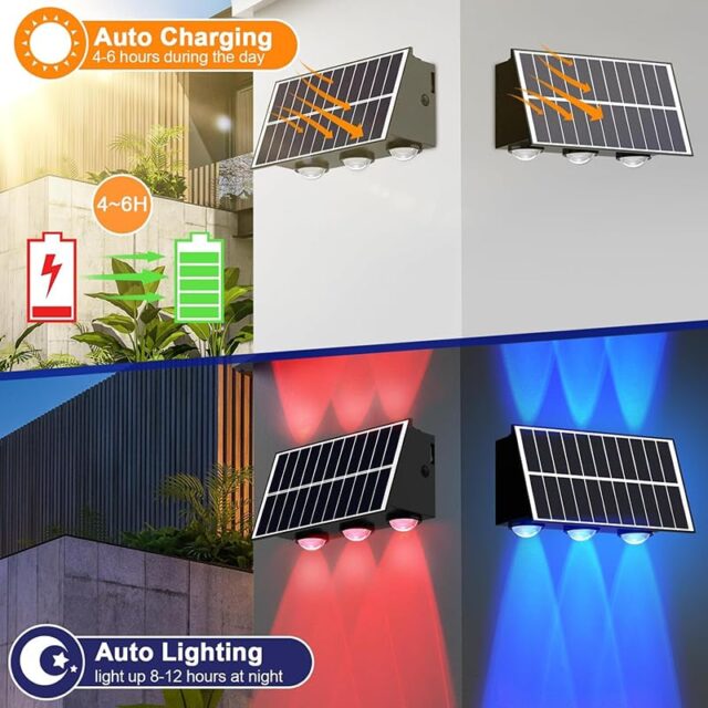 Lámpara solar de pared para exteriores negra con luz RGB y amarillo cálido 3000 K, doble haz hacia arriba y abajo, panel solar con encendido automático al anochecer, carcasa IP65 para lluvia y viento, foto 4 de 8