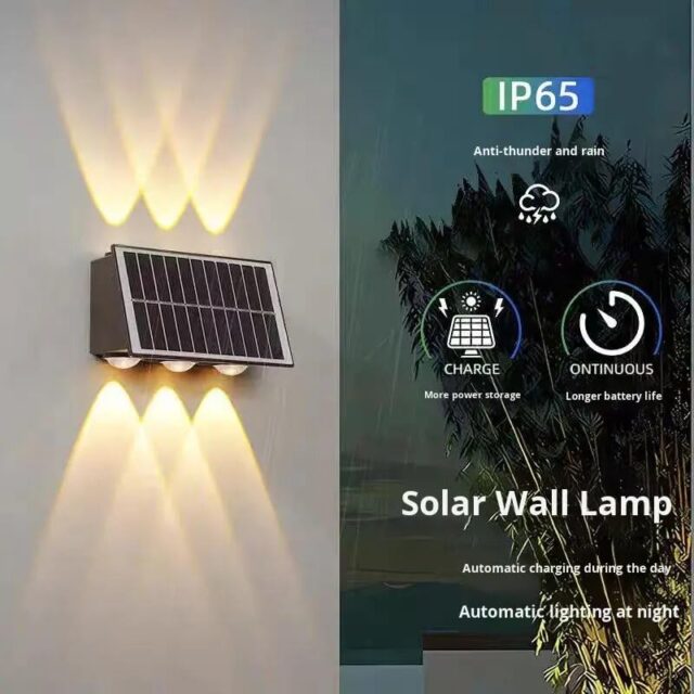 Lámpara solar de pared para exteriores negra con luz RGB y amarillo cálido 3000 K, doble haz hacia arriba y abajo, panel solar con encendido automático al anochecer, carcasa IP65 para lluvia y viento, foto 6 de 8