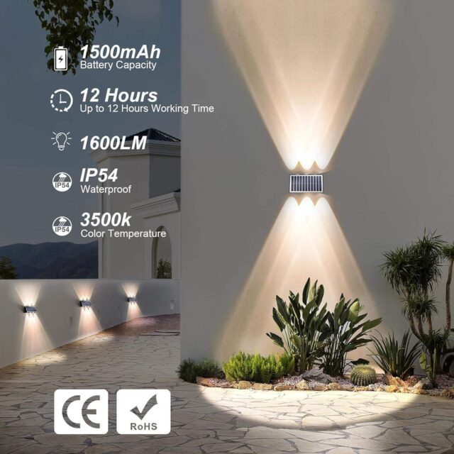 Lámpara solar de pared para exteriores negra con luz RGB y amarillo cálido 3000 K, doble haz hacia arriba y abajo, panel solar con encendido automático al anochecer, carcasa IP65 para lluvia y viento, foto 8 de 8