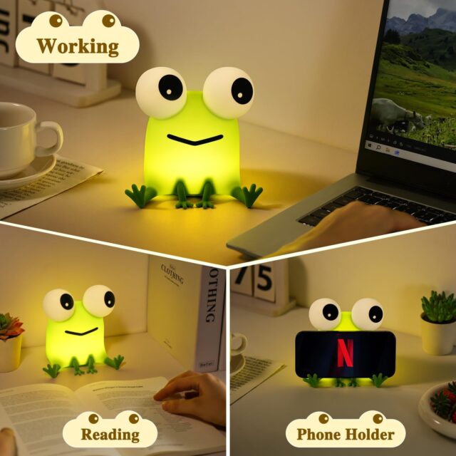 Lámpara nocturna de rana con silicona suave, tres niveles de brillo, batería recargable de 1200 mAh con carga USB tipo C, luz cálida para niños, dormitorio y regalos de cumpleaños, foto 4 de 6