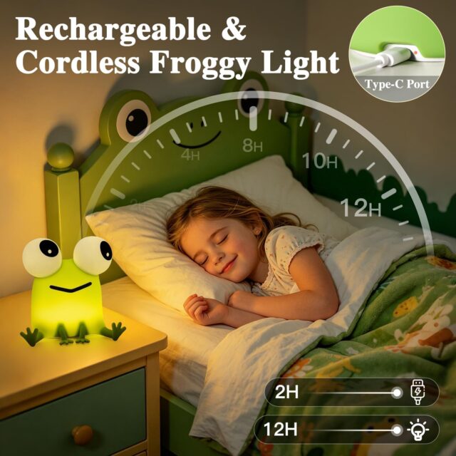 Lámpara nocturna de rana con silicona suave, tres niveles de brillo, batería recargable de 1200 mAh con carga USB tipo C, luz cálida para niños, dormitorio y regalos de cumpleaños, foto 5 de 6
