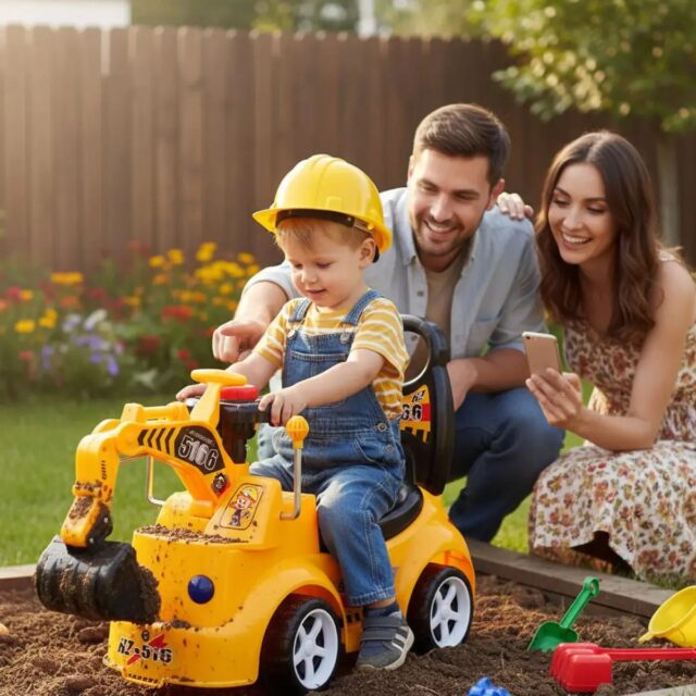 Carrito tipo excavadora para niños pequeños en amarillo y negro, con asiento, respaldo alto y manija para empujar, brazo con cucharón y ruedas de llanta blanca, para jugar en casa o en el patio, foto 1 de 5